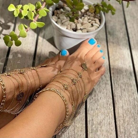 Yellow Gold Multilayered Adjustable Boho Coin Anklet Foot Chains - Set of 2 - Picture 4 of 6